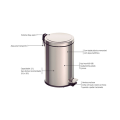 Lixeira com pedal de 12 L em aço inox polido, com balde interno removível e tampa com sistema Stay Open.