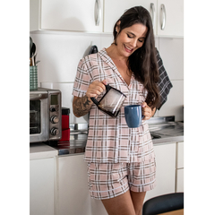 Pijama Americano Manga Curta Algodão – Xadrez Rosa