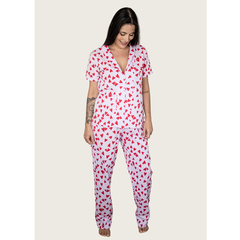 Pijama Americano Manga Curta com Calca Algodão – Coração Vermelho