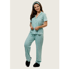 Pijama Americano Manga Curta com Calca Algodão – Verde Poá