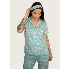 Pijama Americano Manga Curta com Calca Algodão – Verde Poá