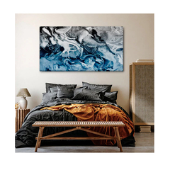 Quadro Abstrato Blue And Silver c/ Moldura Preta e Vidro