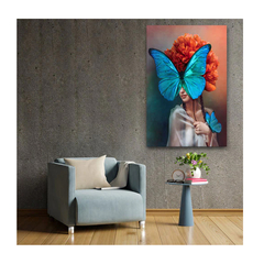 Quadro Arte Conceito Blue Butterfly Face c/ Moldura Preta