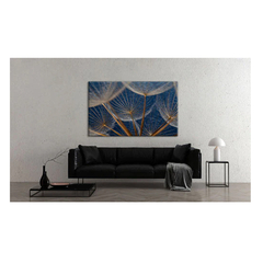 Quadro Folhas e Flores Dente de Leão em Fundo Azul c/ Moldura Preta