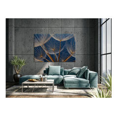 Quadro Folhas e Flores Dente de Leão em Fundo Azul c/ Moldura Preta