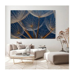 Quadro Folhas e Flores Dente de Leão em Fundo Azul c/ Moldura Preta