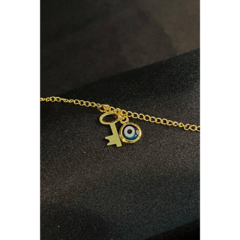 Tornozeleira com Pingente de Olho Grego e Chave Banhado em Ouro 18k