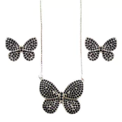 conjunto semijoia em formato borboleta com micro zircônias pretas banhado a ródio