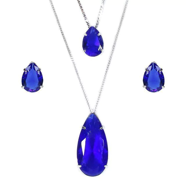 Conjunto gota dupla azul safira banho ródio