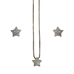 conjunto semijoia de brinco e colar em formato estrela com zircônias banhado a ródio