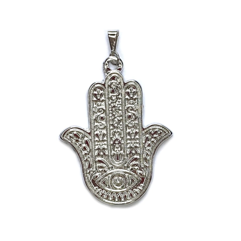 pingente semijoia grande de mão de Fátima trabalhado banhado a ródio