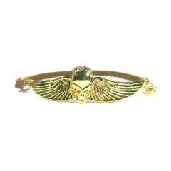 pulseira semijoia handmade masculina de couro sintético marrom e pingente caveira com asa banhada a ouro 18k
