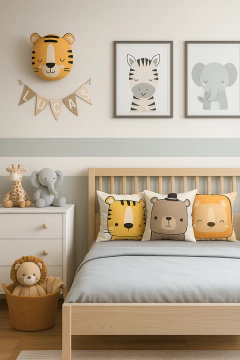 Kit 3 Capas de Almofadas Decorativas Infantil Safari Leão, Urso e Tigre - Arte e Cores