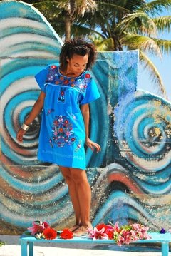 VESTIDO LAS FLORES CORTO TURQUESA - comprar online