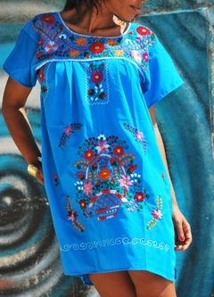 VESTIDO LAS FLORES CORTO TURQUESA