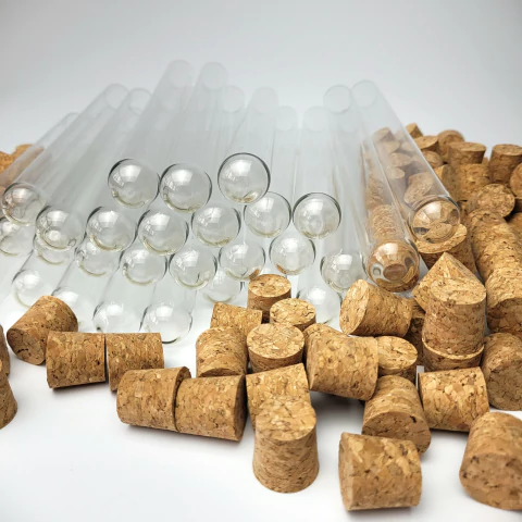 Tubo de ensaio de vidro 16x100mm com tampas de cortiça, rolha. Kit com 30 unidades