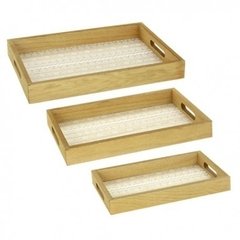 Set/3 Bandejas De Madera Estampada Blanca Con Manija New