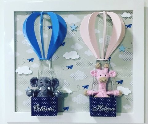 Quadro Balão Gêmeos com Amigurumis