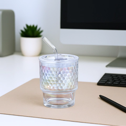 Vaso de vidrio tornasolado con sorbete reutilizable