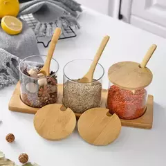 Set x 3 Frascos de vidrio con tapa de bambu + cuchara