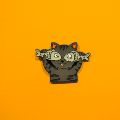 CARTOON CAT WITH FISHES LAPEL PIN