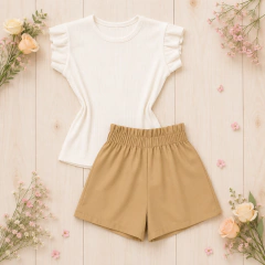 Conjunto Infantil e Juvenil para Meninas e Adolescentes Blusa Plissada Babado e Shorts Alfaiataria CJI013