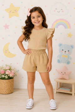 Imagem do Conjunto Infantil e Juvenil para Meninas e Adolescentes Cropped Blusa Frufru Babado e Shorts Alfaiataria CJI012