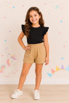 Conjunto Infantil e Juvenil para Meninas e Adolescentes Cropped Blusa Frufru Babado e Shorts Alfaiataria CJI012