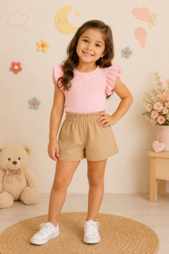 Imagem do Conjunto Infantil e Juvenil para Meninas e Adolescentes Cropped Blusa Frufru Babado e Shorts Alfaiataria CJI012