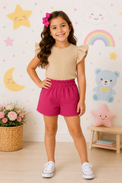 Conjunto Infantil e Juvenil para Meninas e Adolescentes Cropped Blusa Frufru Babado e Shorts Alfaiataria CJI012