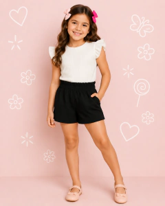 Conjunto Infantil e Juvenil para Meninas e Adolescentes Cropped Blusa Frufru Babado e Shorts Alfaiataria CJI012