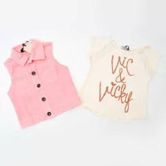 Sugestão de look com colete rosa (vendido separadamente)
