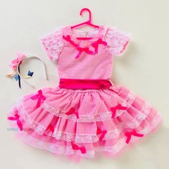 Vestido Caipira Festa junina rosa Laços e Rendas com tiara