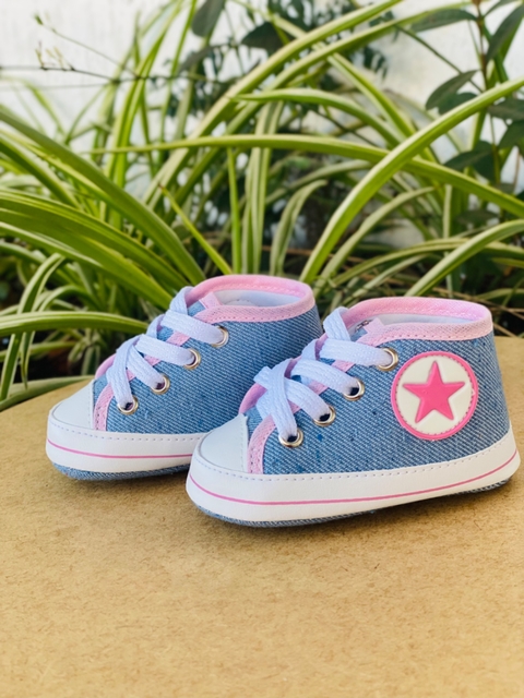 Tênis para Bebê Cano Alto com Estrela Jeans Claro e Rosa