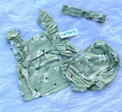 Conjunto verde flores linho Carters
