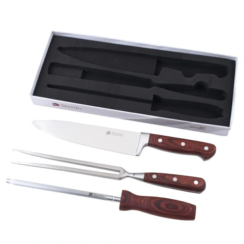 Set Trento 3 piezas cuchillo, trinchante y chaira mango madera