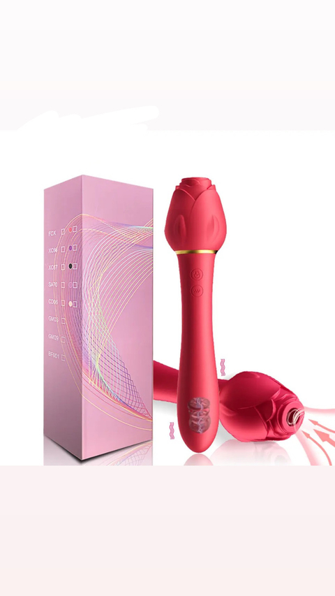 Vibrador Duplo e Sugador Formato de Rosa Vermelho