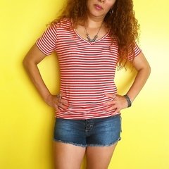 Remera mujer informal corta a rayas algodón (rojo o negro) on internet