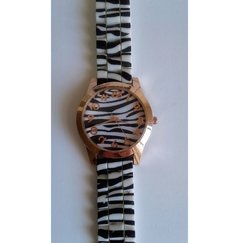 RELOJ mano pulsera agujas analógico malla silicona blanco negro cuerpo metálico bronce en internet