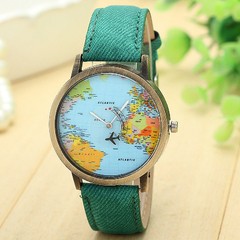 RELOJ de mano (pulsera) con agujas y malla de cuero, motivo mapa mundi, cuerpo color bronce, unisex