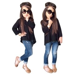Conjunto niña remera negra manga larga pantalón Jean azul casual urbano - comprar online