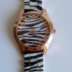 RELOJ mano pulsera agujas analógico malla silicona blanco negro cuerpo metálico bronce - comprar online