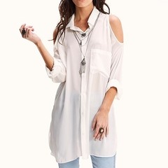 Camisa mujer chifón, hombro descubierto, marca Rimmel, estilo urbano casual, manga 3/4