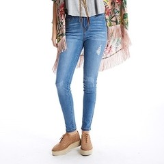 Pantalón jean mujer elastizado, marca RIMMEL, roturas, corte chupin, bolsillos delanteros y traseros, azul - online store