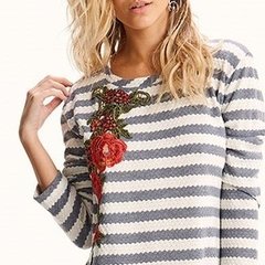Sweater pullover Rimmel mujer rayado acrílico manga larga, Aplique flor en internet
