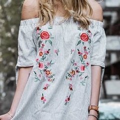 Vestido Rimmel bordado rosas indore sin hombro, mujer corto verano manga corta gris algodón en internet
