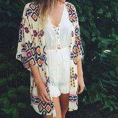 Kimono mujer translúcido verano largo estampado geométrico étnico colores algodón y poliéster - tienda online