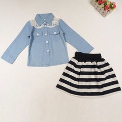 Conjunto niña camisa manga larga mini falda rayada blanca y azul marino estilo casual urbano - comprar online