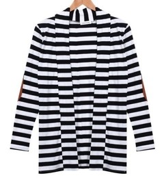 Imagen de Cardigan mujer largo rayado blanco negro algodón y poliéster parches en los codos modelo exclusivo importado