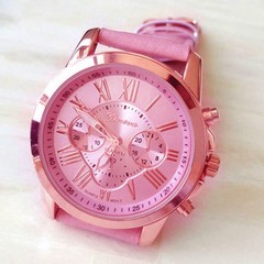 RELOJ pulsera agujas malla cuero sintético casual cuerpo bronceado